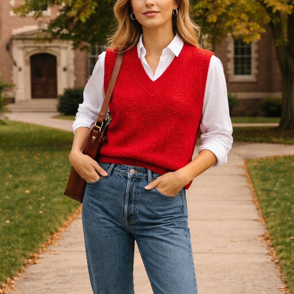 Vintage The Import Workshop Red Bouclé Sweater Vest M Preppy Grandpa Core Knit